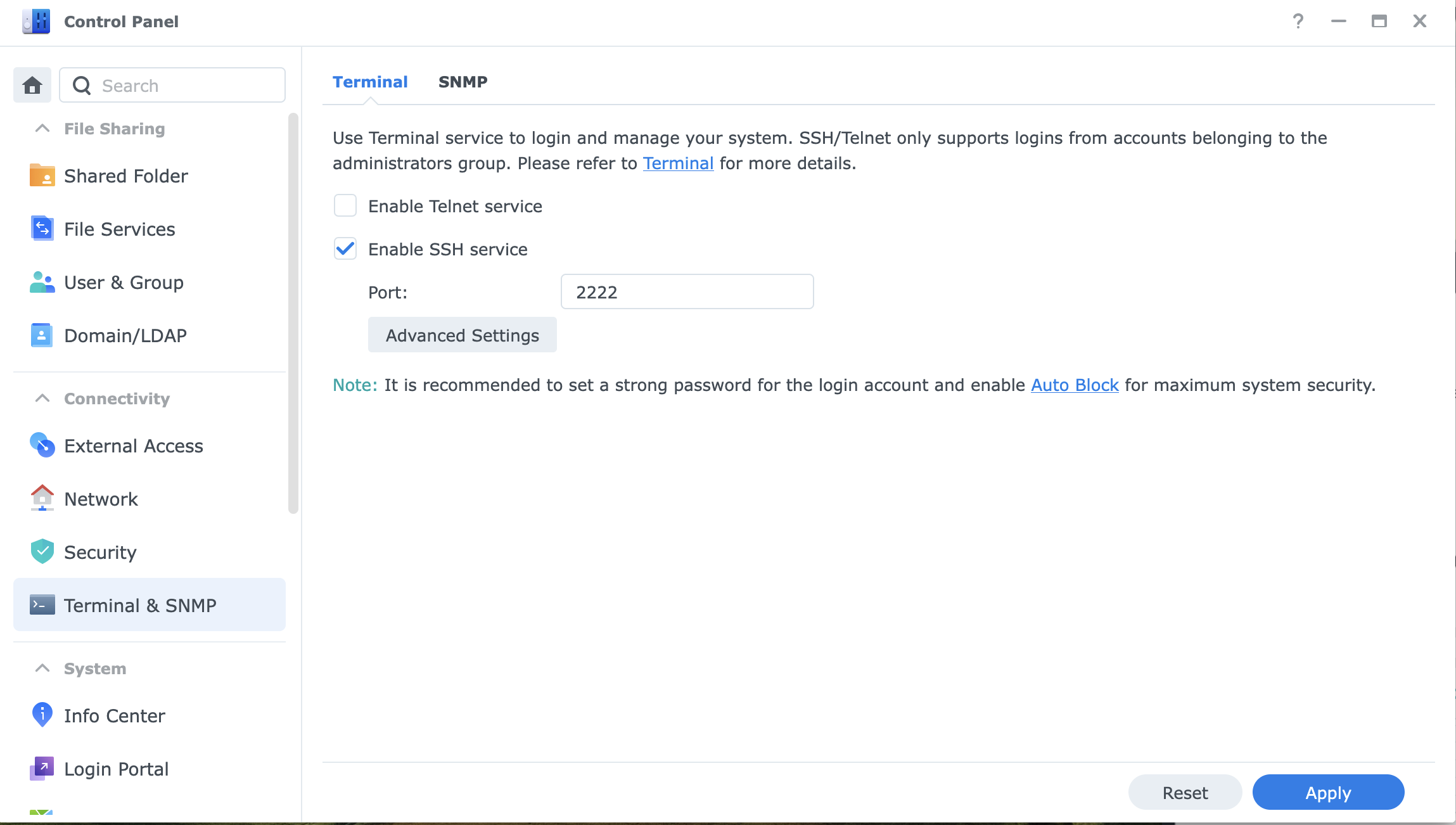 Synology DSM — SSH-service inschakelen via Terminal & SNMP