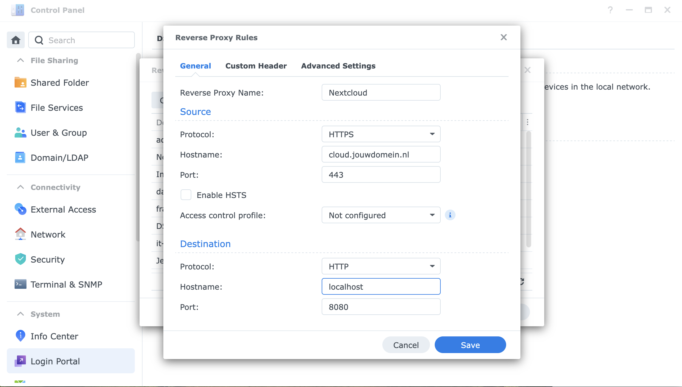 DSM Reverse Proxy Rules — instellingen voor Nextcloud